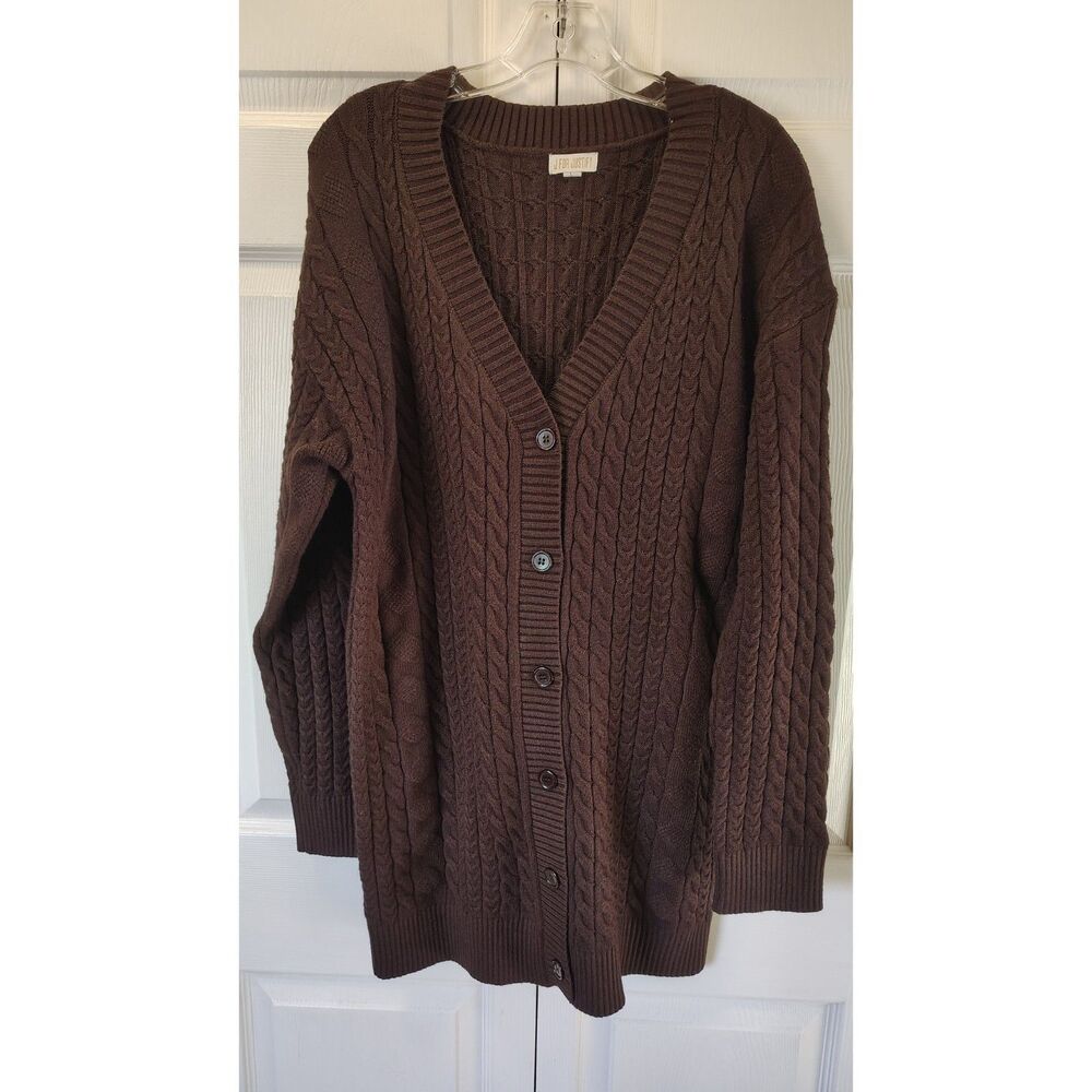 NWT J For Justify Women's Brown Cable-Knit Button-Down Cardigan Large